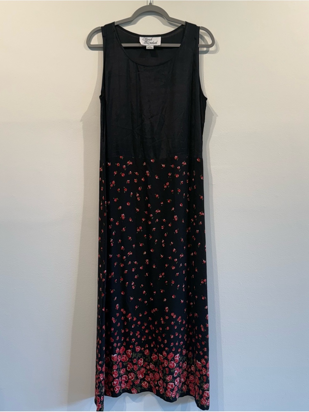 Vintage Sarah Elizabeth Black Maxi Dress with Red Floral Hem